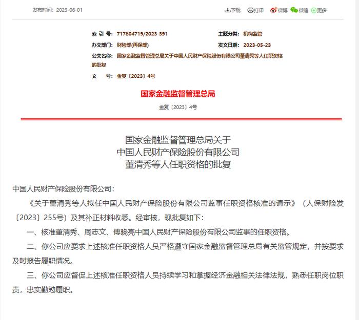 国家金融监督管理总局关于中国人民财产保险股份有限公司董清秀等人任职资格的批复