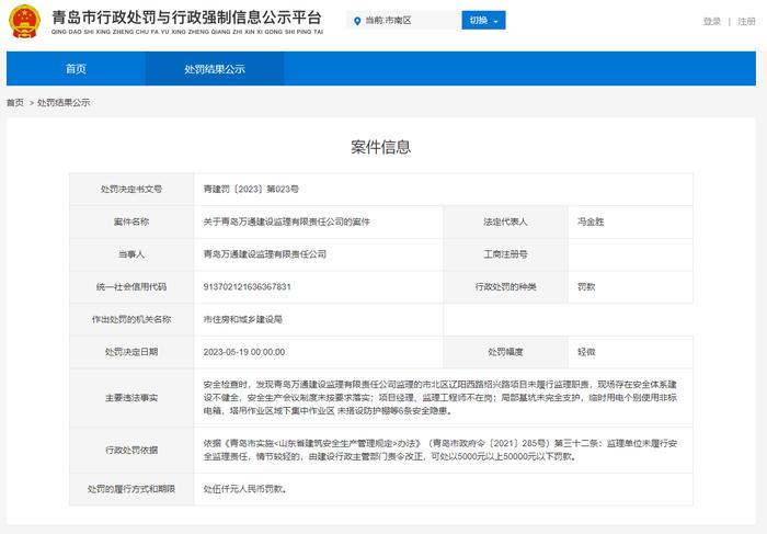 施工现场存在6条安全隐患  青岛青房建安集团与青岛万通建设监理公司均被处罚