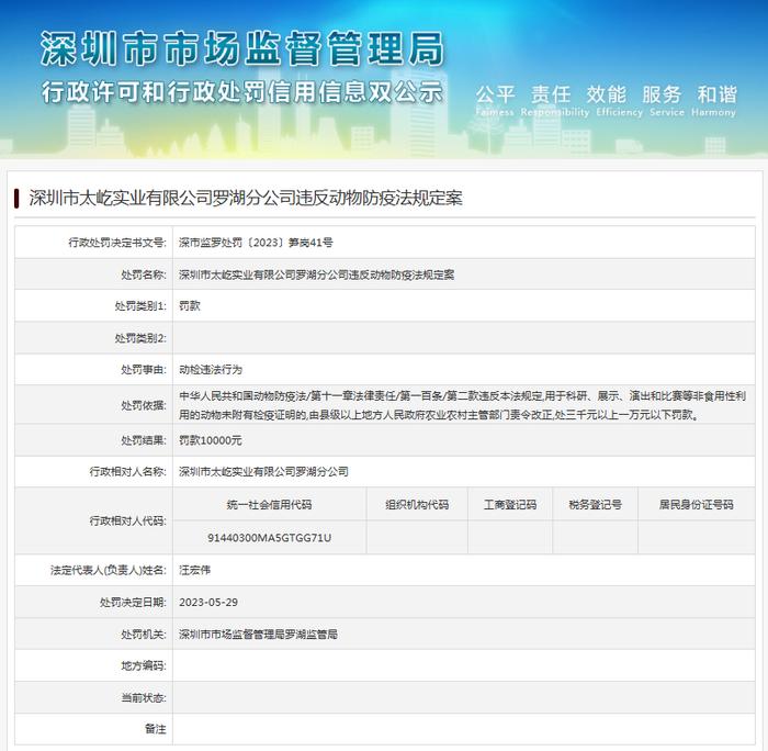 深圳市太屹实业有限公司罗湖分公司违反动物防疫法规定案