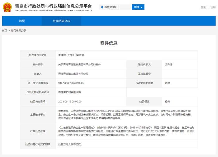 施工现场存在6条安全隐患  青岛青房建安集团与青岛万通建设监理公司均被处罚