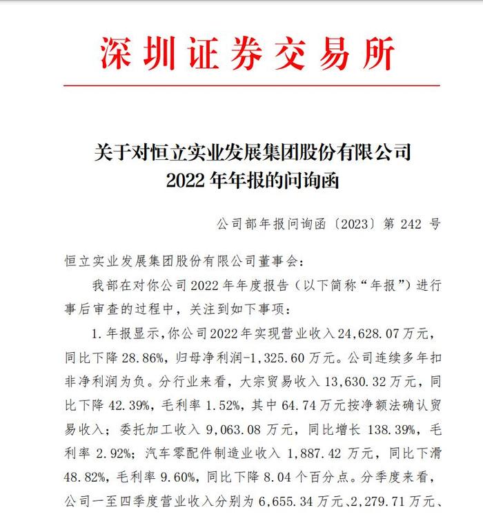 V观财报｜恒立实业收年报问询函 深交所：经营业绩各季度明显波动的原因？