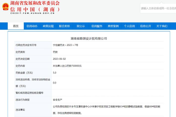出具虚假检测数据  湖南省勘测设计院有限公司被罚5万元