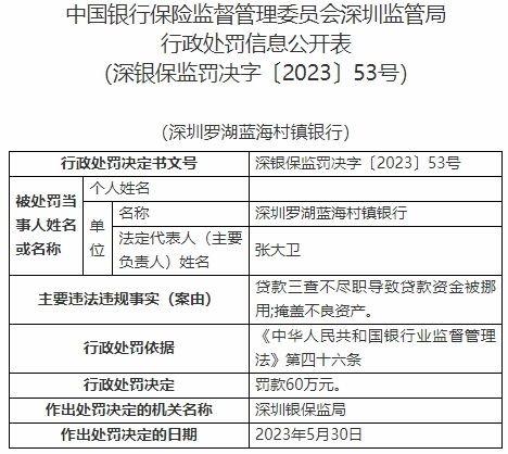 深圳罗湖蓝海村镇银行违规被罚 最大股东为青农商行