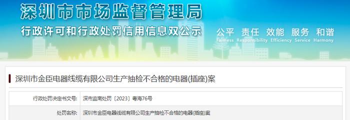 深圳市金臣电器线缆有限公司生产抽检不合格的电器(插座)案