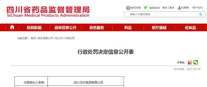 四川为尔医药有限公司因向无药品经营资质的个人销售药品被罚款3000元