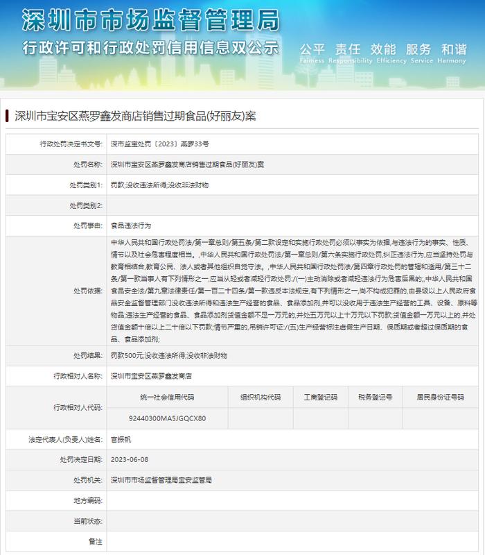 深圳市宝安区燕罗鑫发商店销售过期食品(好丽友)案