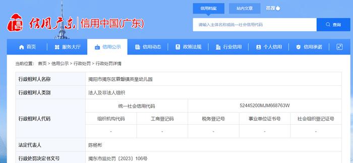 广东省揭阳市揭东区市场监督管理局对揭阳市揭东区霖磐镇英皇幼儿园作出行政处罚