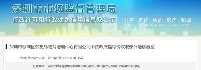 深圳市罗湖区梦想岛教育培训中心有限公司不按政府指导价收取课外培训费案