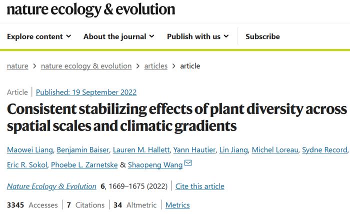 北京大学王少鹏研究组揭示生物多样性的多尺度稳定化作用｜Nature Ecology & Evolution