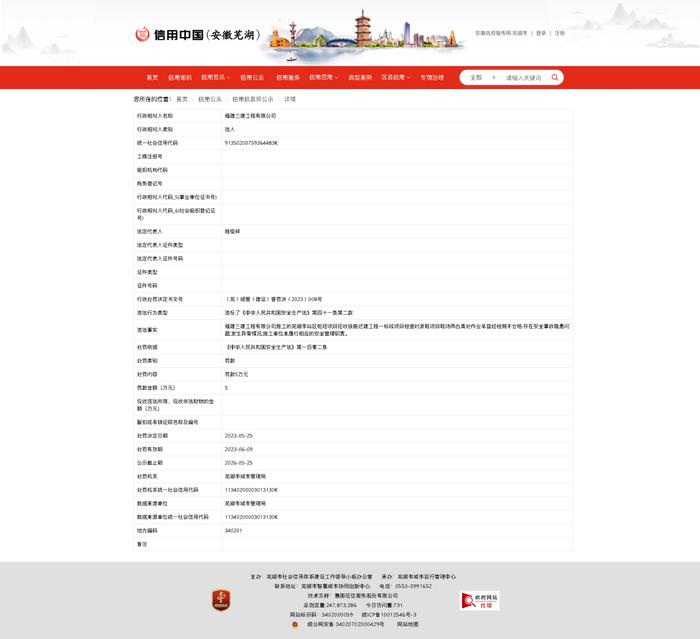 违反安全生产法  福建三建工程有限公司被罚款5万元