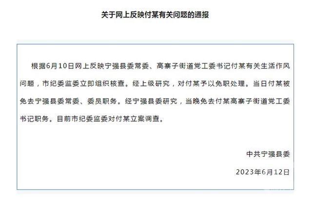 陕西宁强一街道党工委书记被举报生活作风问题，官方通报：免职并立案调查