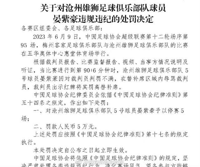 中超｜沧州雄狮球员晏紫豪因辱骂裁判被停赛5场、罚款5万元