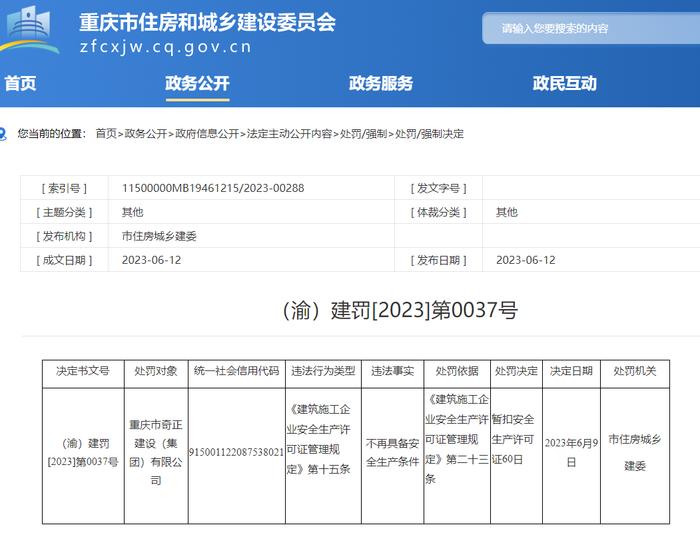 不再具备安全生产条件，重庆市奇正建设（集团）有限公司被暂扣安全生产许可证