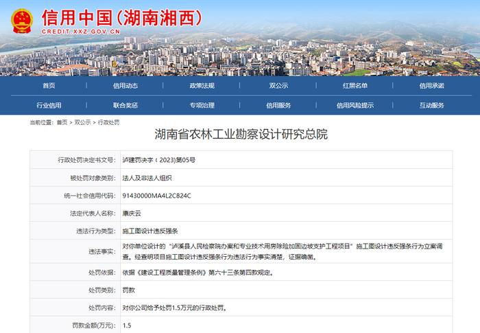 施工图设计违反强条  湖南省农林工业勘察设计研究总院被罚1.5万元