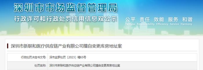 深圳市新联和医疗供应链产业有限公司擅自变更库房地址被罚款30000元