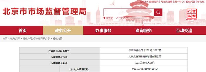 北京众康信诺健康管理有限公司被罚款4000元