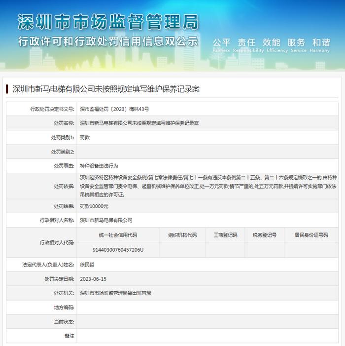 深圳市新马电梯有限公司未按照规定填写维护保养记录案