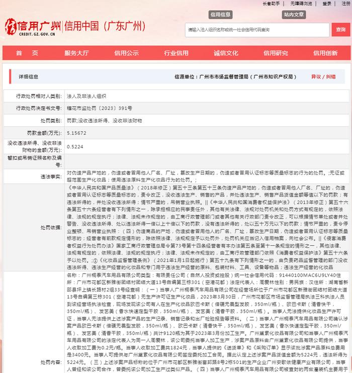 关于对广州桐泰汽车用品有限公司行政处罚信息（穗花市监处罚〔2023〕391号）