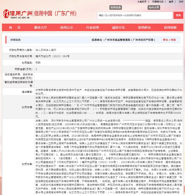 关于对深圳市新东升物业管理有限公司广州分公司行政处罚信息（穗天市监处罚〔2023〕382号）