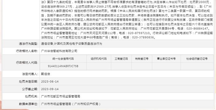 关于对广州华俊智能科技有限公司行政处罚信息（穗花市监处罚〔2023〕388号）