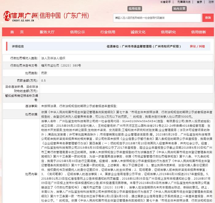 关于对广州弘笙生物科技有限公司行政处罚信息（穗天市监处罚〔2023〕380号）