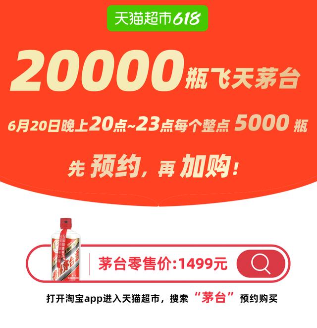 618最后4小时:天猫超市放量20000瓶1499元飞天茅台