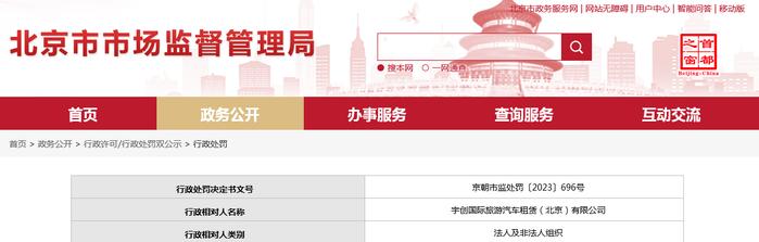 关于宇创国际旅游汽车租赁（北京）有限公司的行政处罚信息