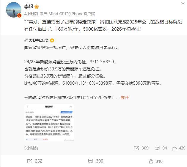 新能源汽车购置税政策明确！2025年底前减免，李想：2025全年卖160万辆车没失败的借口了