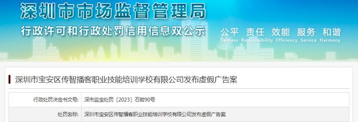 深圳市宝安区传智播客职业技能培训学校有限公司发布虚假广告被罚款3000元