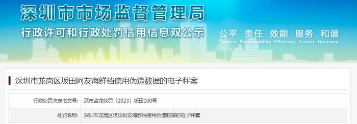 深圳市龙岗区坂田阿友海鲜档使用伪造数据的电子秤被罚款2000元