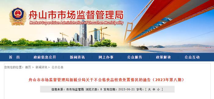 浙江省舟山市市场监督管理局新城分局关于不合格食品核查处置情况的通告（2023年第八期）