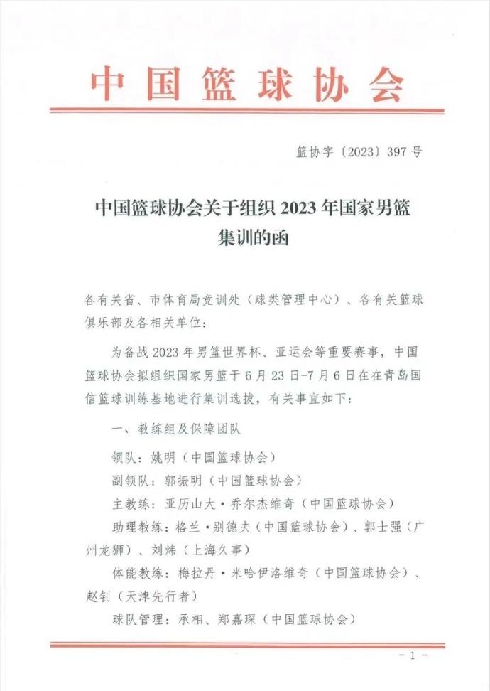 中国男篮按计划将于今天开始在青岛展开集训 结束时间为7月6日