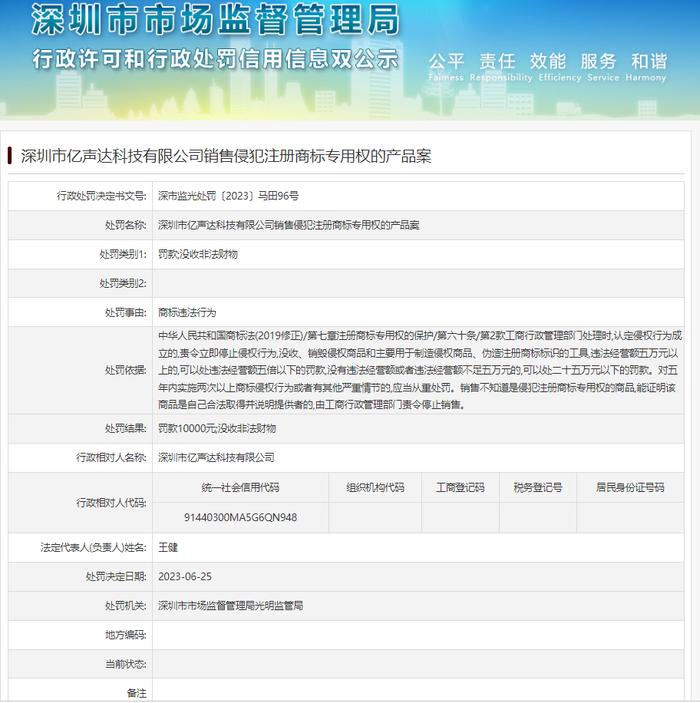 深圳市亿声达科技有限公司销售侵犯注册商标专用权的产品案