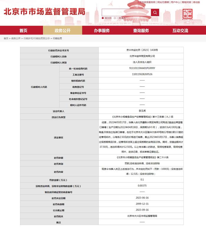 北京市大兴区市场监督管理局对北京华益祥商贸有限公司作出行政处罚