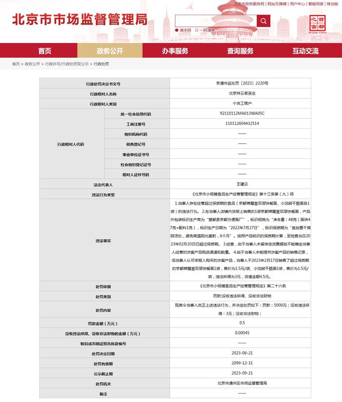 北京祥云茗茶庄被罚款5000元