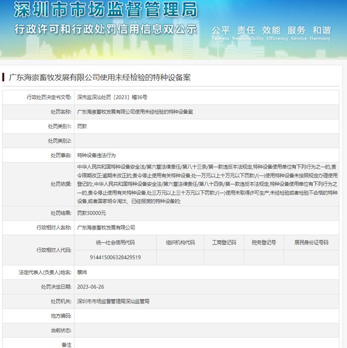 广东海崇畜牧发展有限公司使用未经检验的特种设备被罚