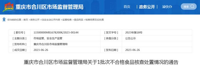 重庆市合川区市场监督管理局公布1批次不合格小米辣（酱腌菜）核查处置情况