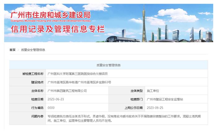 专项检查各方责任主体流于形式弄虚作假  广州市第四建筑工程公司被公示