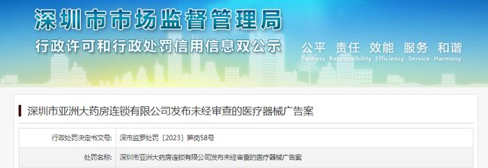 深圳市亚洲大药房连锁有限公司发布未经审查的医疗器械广告被罚款1800元