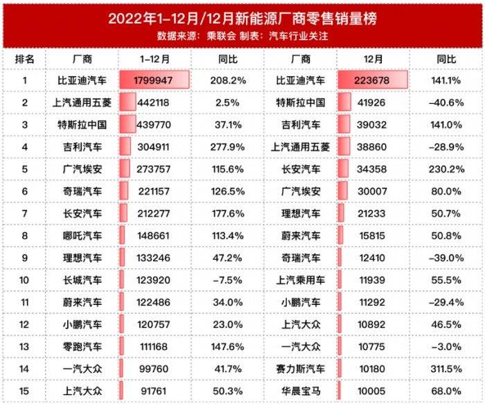 2022年国内新能源销量榜