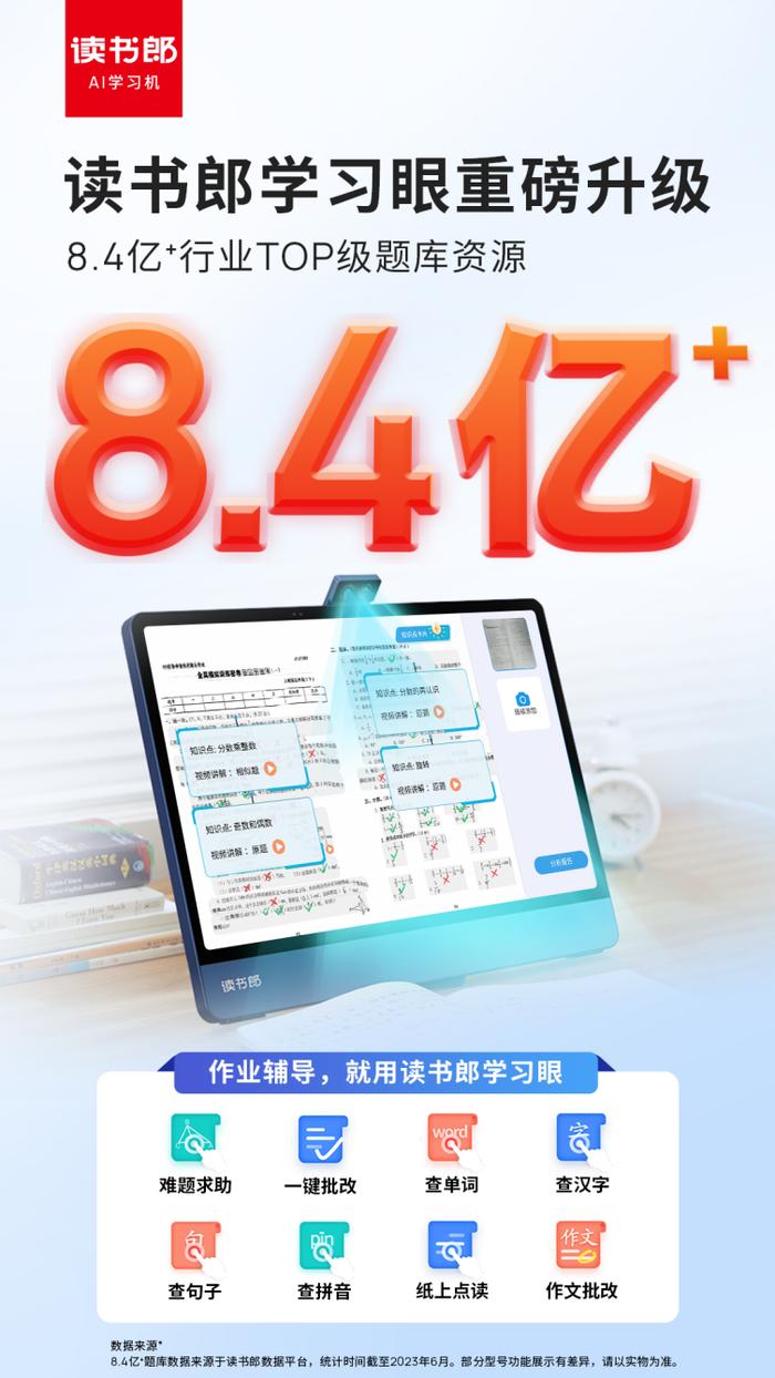 读书郎学习眼重磅升级！8.4亿+行业TOP级题库资源，作业难题一「眼」解决！