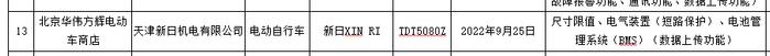 新日电动车产品被市监局通报 “电气装置、电池管理系统”不合格