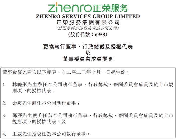 正荣服务高管人事变动：林晓彤辞任执董及行政总裁等职，邓历接任