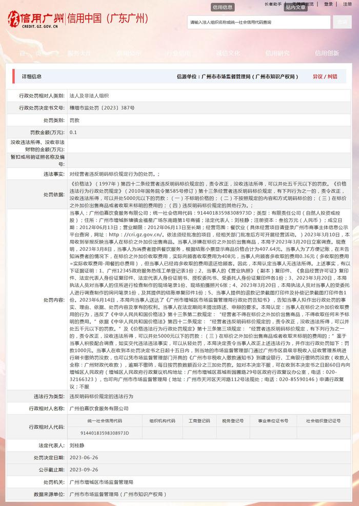 广州伯嘉饮食服务有限公司被罚款1000元