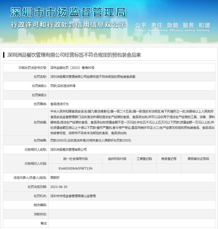 深圳洲品餐饮管理有限公司经营标签不符合规定的预包装食品案