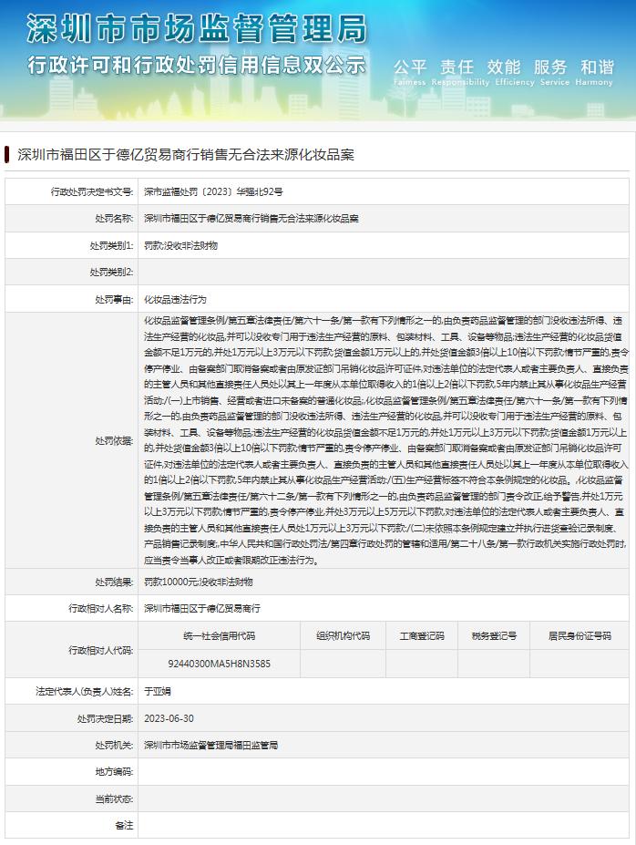 深圳市福田区于德亿贸易商行销售无合法来源化妆品案