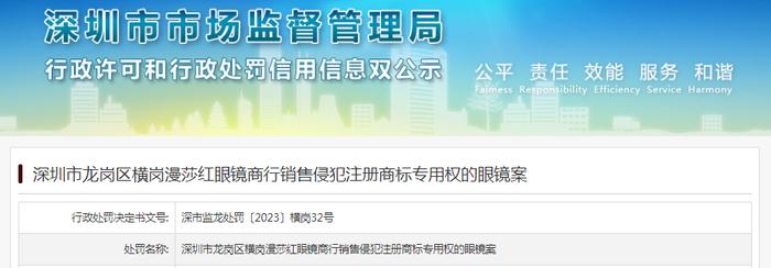 深圳市龙岗区横岗漫莎红眼镜商行销售侵犯注册商标专用权的眼镜被罚款10000元