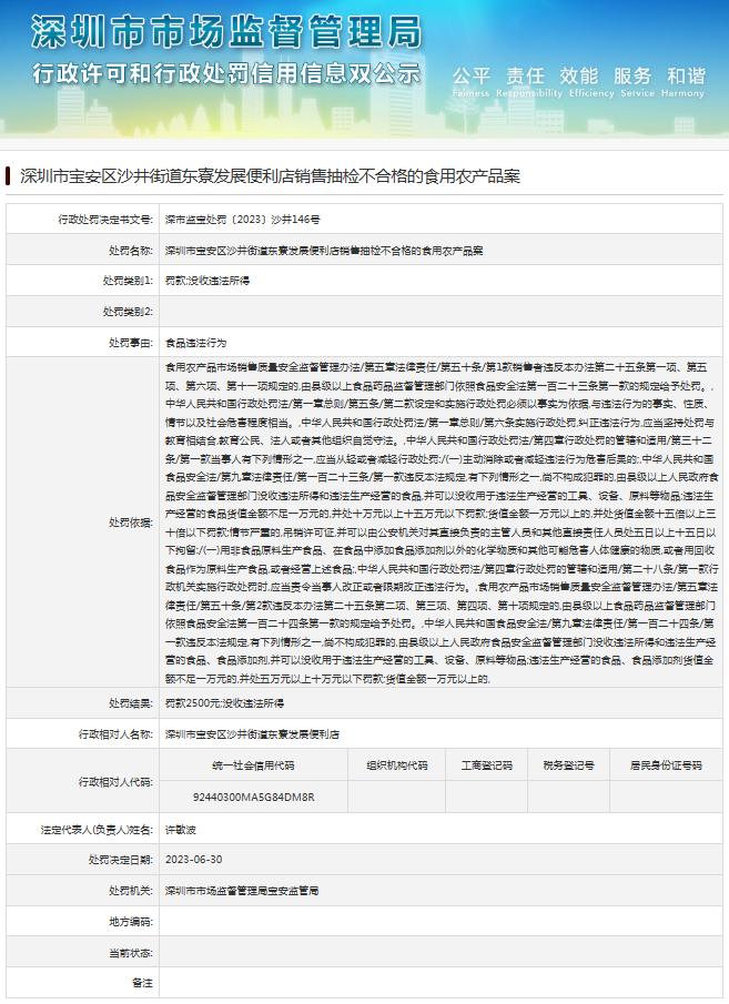 深圳市宝安区沙井街道东寮发展便利店销售抽检不合格的食用农产品案