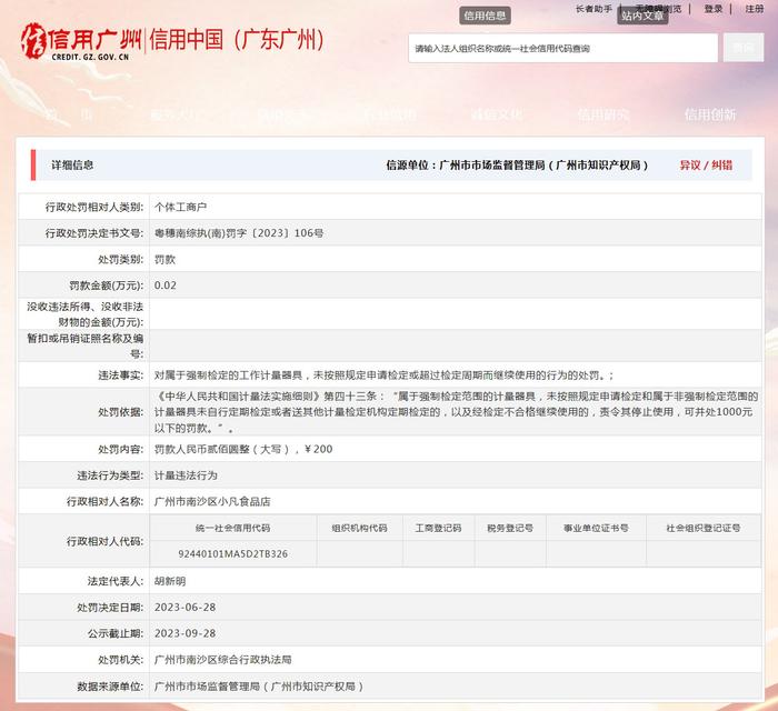 广州市南沙区综合行政执法局对广州市南沙区小凡食品店作出行政处罚