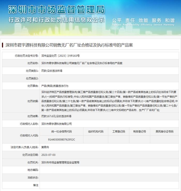 销售无厂名厂址合格证及执行标准号的产品  深圳市君宇源科技有限公司被罚